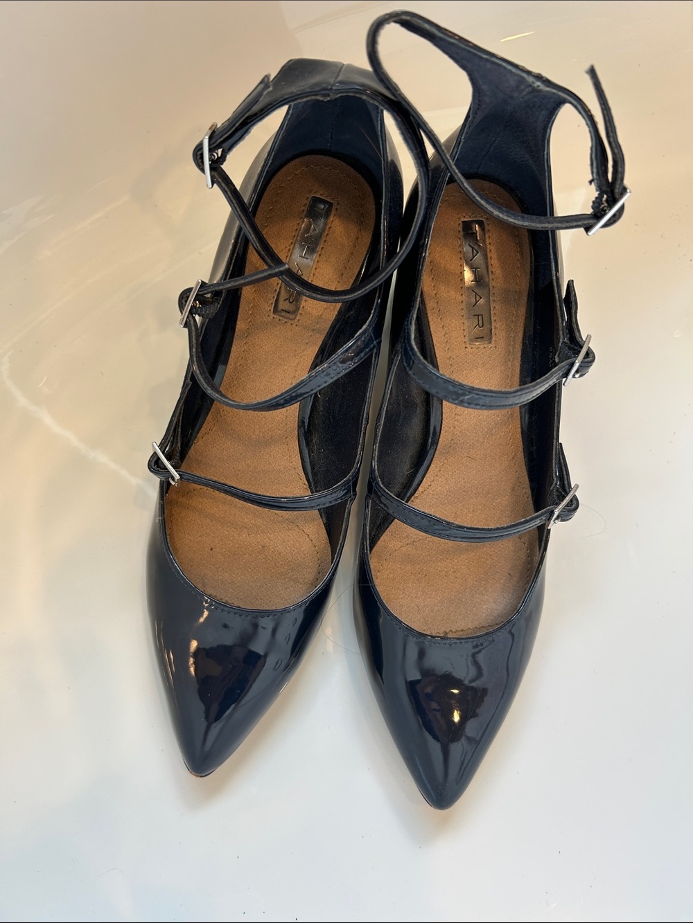 Tahari Navy Patent Pointed-Toe Strappy Pumps